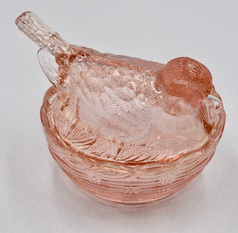 Vintage Hsinchu AA Imports Nesting Bird Pink Depression Glass Covered Bowl Dish